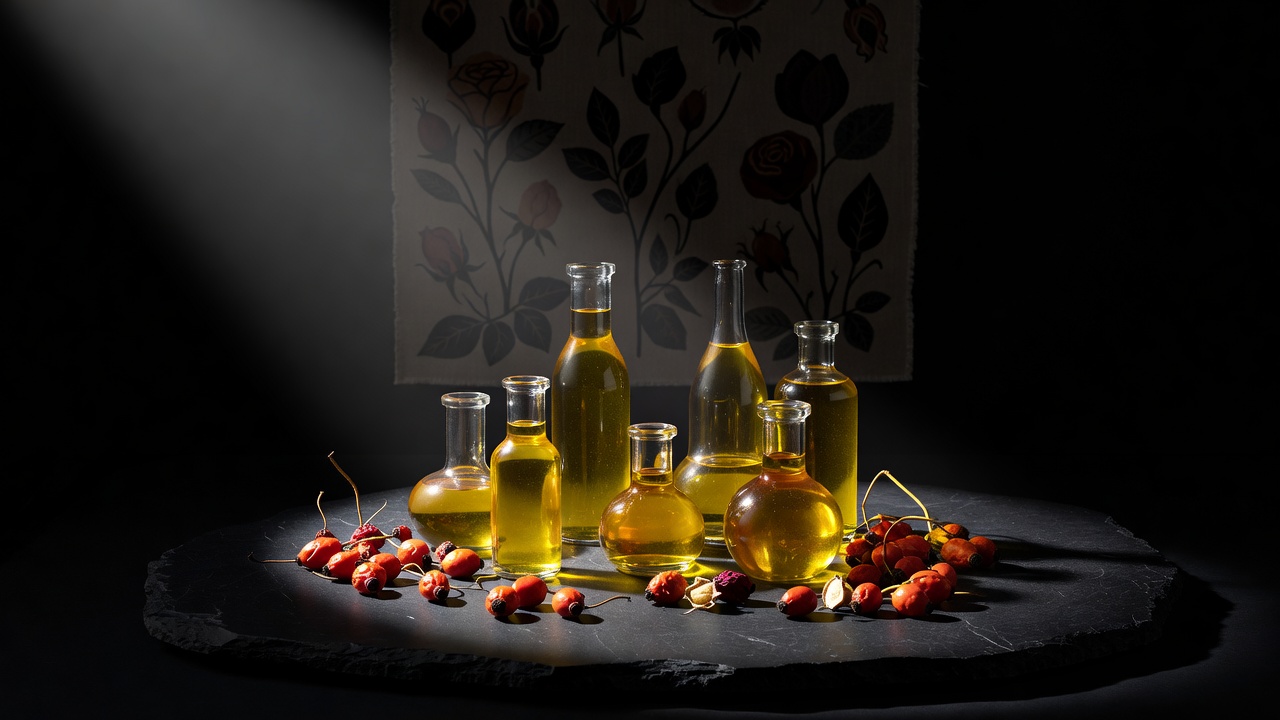 Glass bottles of golden plant oils and dried rosehips arranged on black stone under one hard spotlight