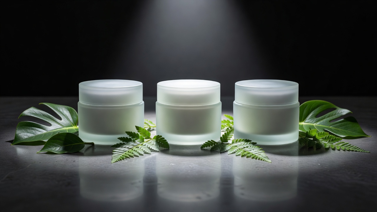 Three unlabelled cosmetic jars with green leaves on a dark table lit by a single harsh lamp