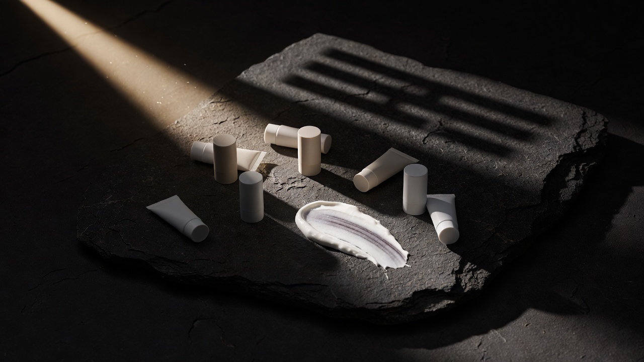 Mineral sunscreen tubes and a smear of white zinc cream on dark stone with one strong beam of light