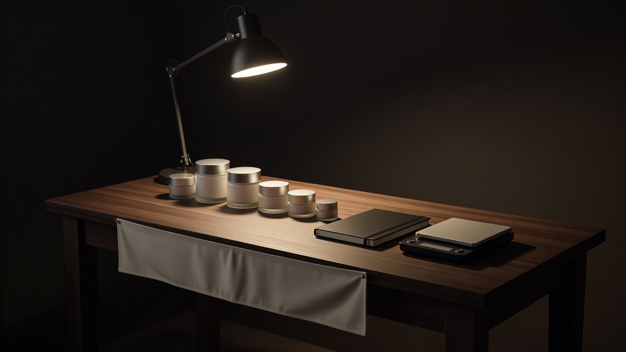 Test bench with numbered skincare jars, a notebook and a scale under a single dramatic desk lamp