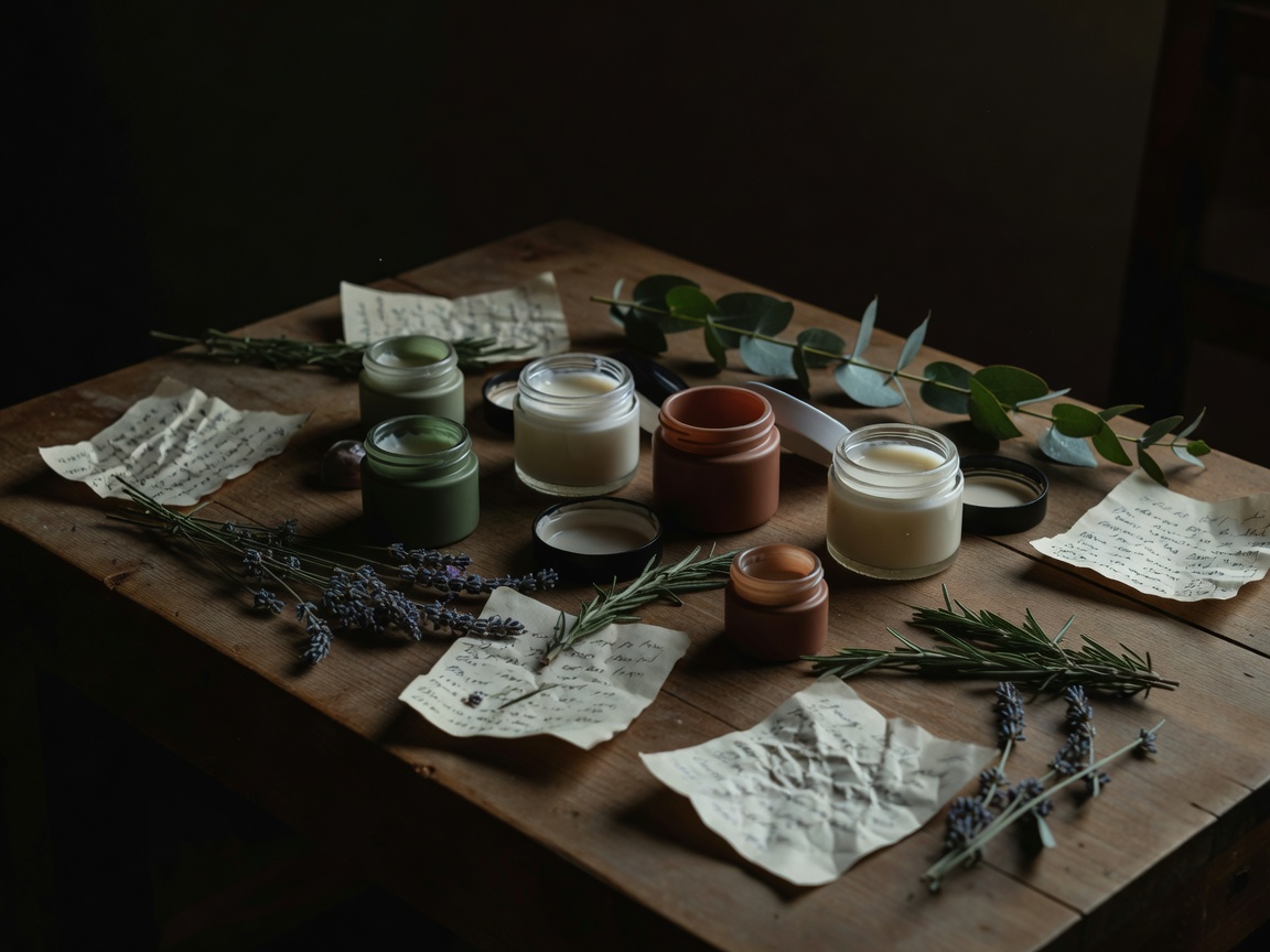Workbench with open skincare jars, botanical sprigs and handwritten test notes in low, moody light
